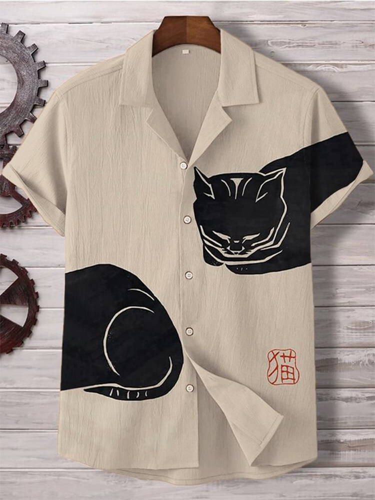 Men's Black Cat Japanese Lino Art Painting Print Hawaiian Beach Shirt