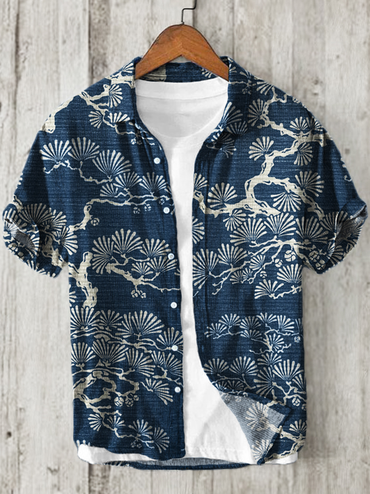 Pine Trees Japanese Lino Art Pattern Linen Blend Shirt