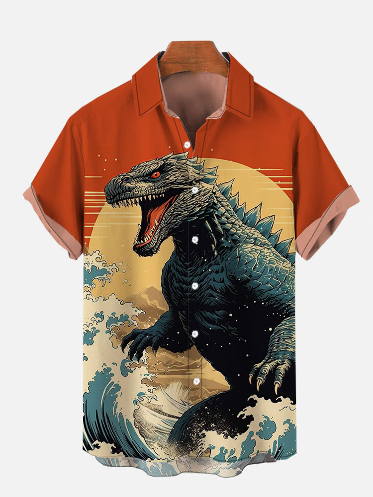 Japanese Ukiyo Monster Godzilla Print Short-Sleeved Shirt