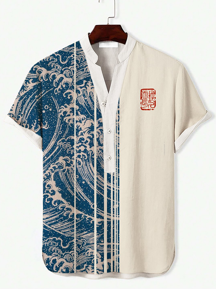 Men'S Retro Japan Art Wave Print Half Button Short Sleeve Shirt