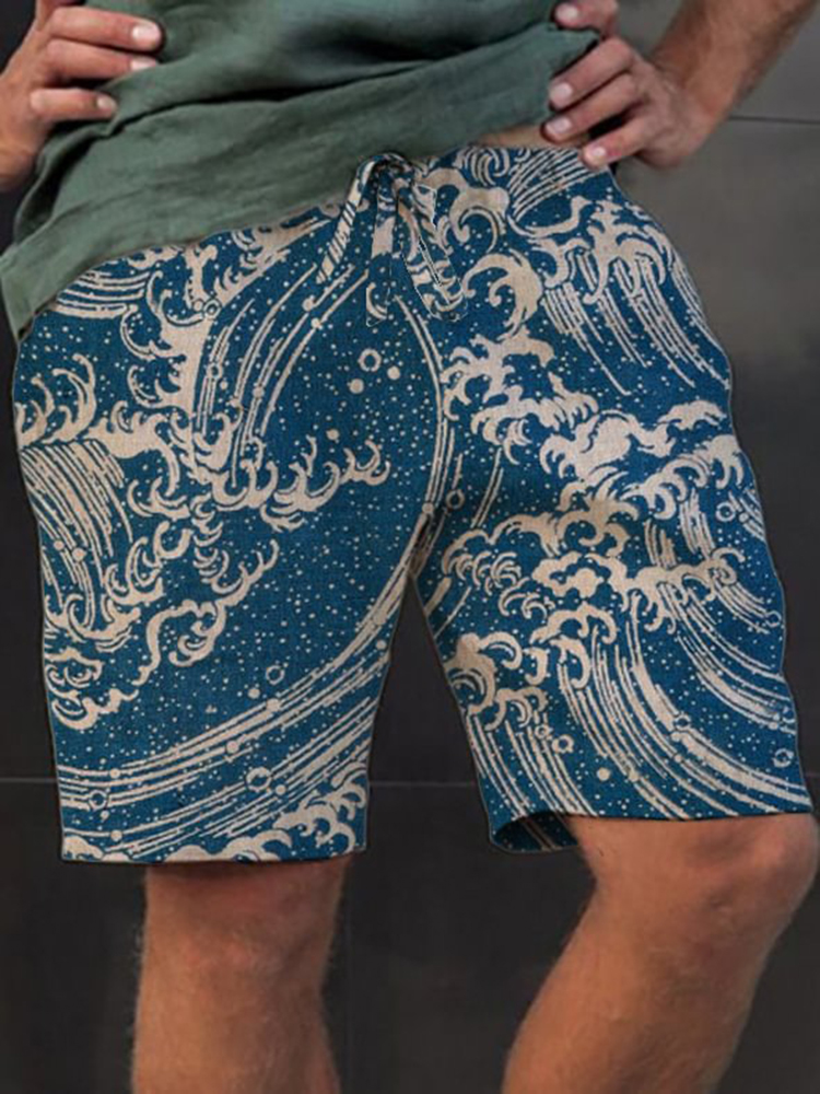 Men'S Sea Wave Japanese Art Print Casual Drawstring Shorts