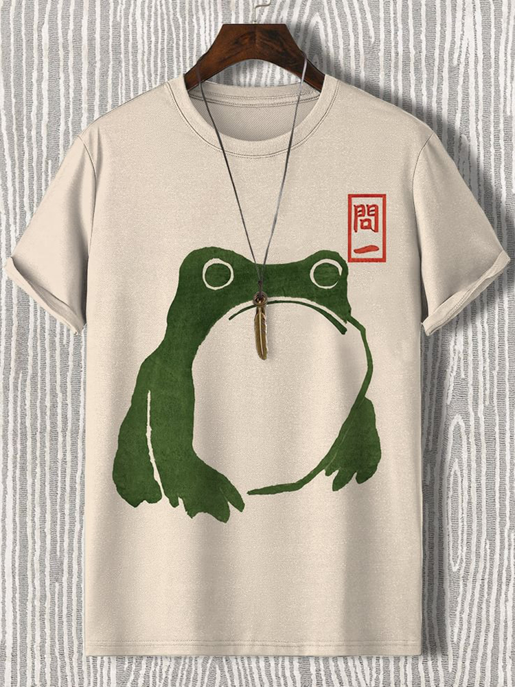 Men'S Cute Frog Japanese Lino Art Print Casual T-Shirt