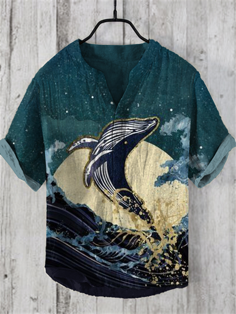Men's Retro Whale Waves Moon Japanese Art Linen Henry Collar Shirt