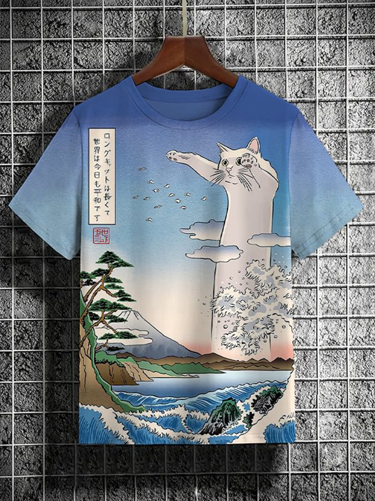 Men's Sea Wave Long Cat World Peace Print Casual T-Shirt