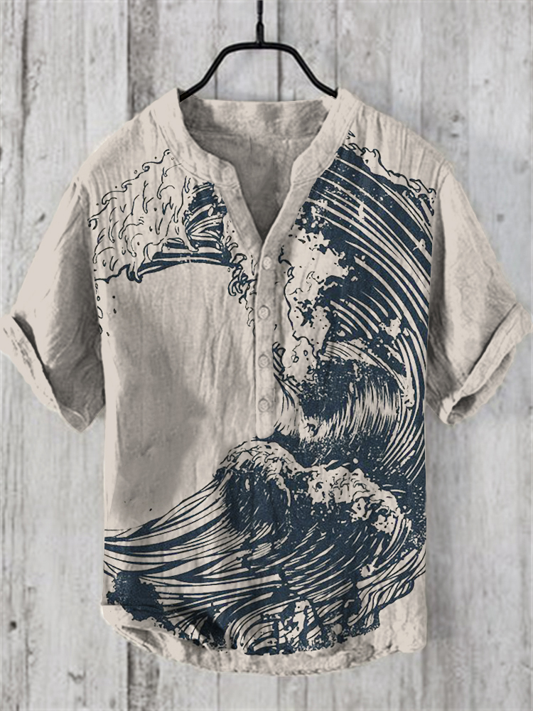 Men's Vintage Sea Wave Lino Art Linen Blend Shirt
