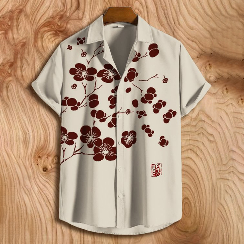 Men'S Cherry Blossom Art Print Button Down Short Sleeve Shirt